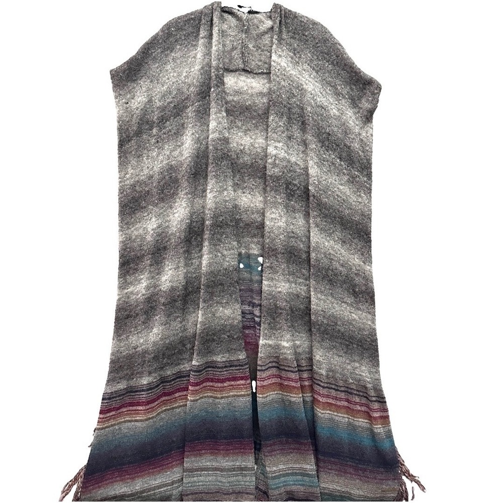 Ii two sisters Wool Striped Fringe Longline Cardigan Duster Sweater Women OS